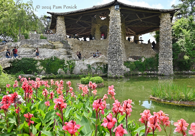 Fantastical rockwork and koi pond at Japanese Tea Garden in San Antonio